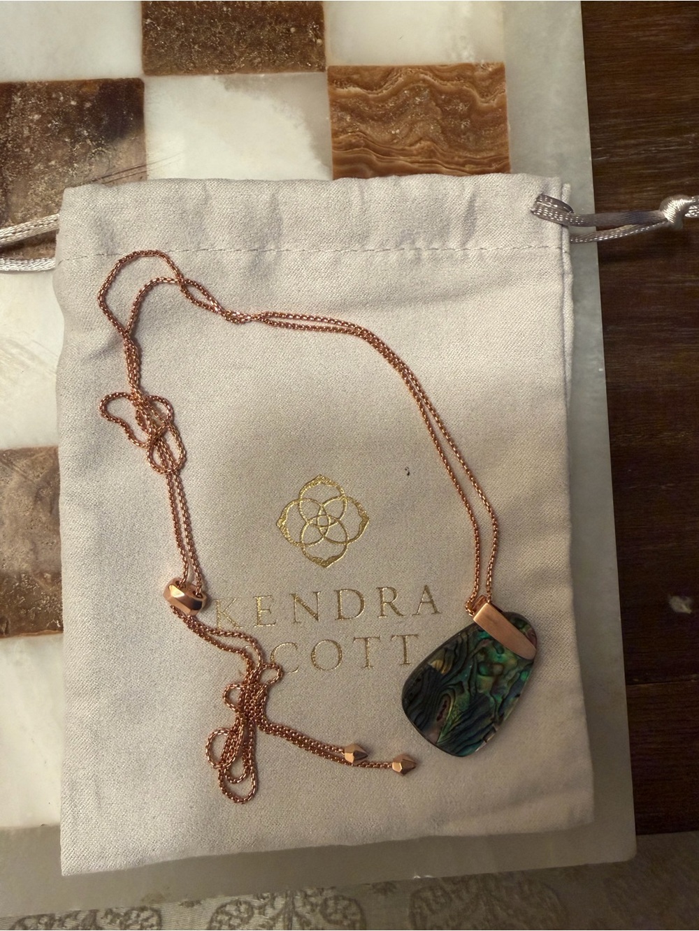 Kendra Scott Rose Gold Necklace with Iridescent Abalone Pendant
